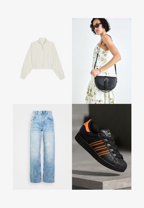 Pullover curto em tecido creme, apresentando um colarinho alto, fecho de meio zíper, bainha e punhos elásticos, com uma textura suave e design minimalista.; Calças de ganga largas de cor azul clara com padrão em espiral, cintura alta, cinco bolsos e fecho com botão metálico. Textura desgastada no tecido de ganga.; Sapatilha preta com detalhes laranja, três riscas horizontais, parte superior em couro texturizado, bico de borracha e atacadores pretos.; Bolsa de couro preta com forma curva, alça destacável e detalhes em dourado. A bolsa possui uma aba com detalhe de fivela.