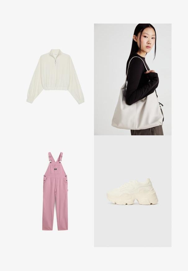 Cropped pullover in cream fabric, featuring a high collar, half-zip closure, elasticated hem and cuffs, with a smooth texture and minimal design.; Pink cotton overalls feature adjustable shoulder straps, two front pockets, and a square chest pocket, with metal hardware accents.; Chunky white sneakers made of textured mesh and synthetic materials, featuring a thick sole and intricate pattern details along the sides.; Beige handbag made of soft material, featuring a slouchy design, stitched detailing, and two shoulder straps. Suitable for everyday use.