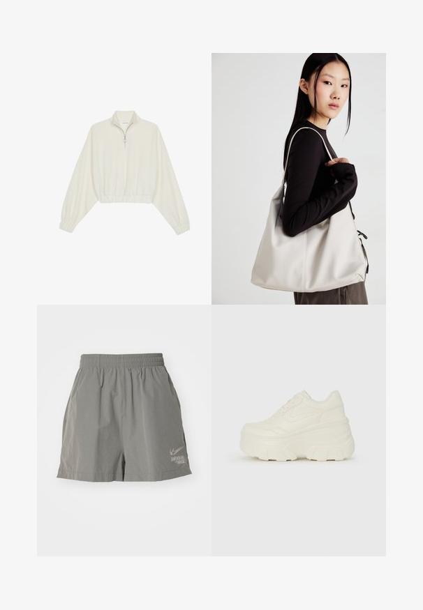 Kort genser i kremfarget stoff, med høy krage, halv glidelås, elastisk nederste kant og mansjetter, med en glatt tekstur og minimalistisk design.; Grå idrettsshorts med elastisk midjebånd, lett materiale, og en trykt Nike-logo nederst til venstre foran.; Hvite plattformsnickers med en glatt læraktig overdel, avrundet form, polstret krage og teksturert gummisåle med tydelige dekk.; Beige håndveske laget av mykt materiale, med en slapp design, sydd detaljer og to skulderstropper. Passer for daglig bruk.