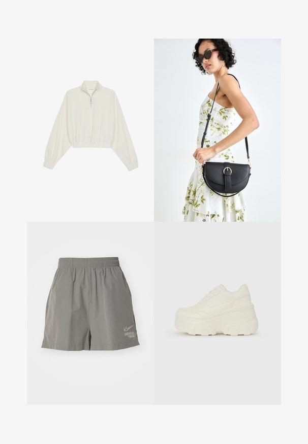 Krém színű, rövidített pulóver, magas gallérral, félig cipzáros záródással, elasztikus derék- és ujjakrésszel, sima textúrával és minimalista dizájnnal.; Szürke sportnadrág, rugalmas derékkal, könnyű anyagból, a bal alsó elülső részen nyomtatott Nike logóval.; Fehér platform sportcipők, sima bőrszerű felsőrésszel, kerek formával, párnázott bokával és texturált gumitalppal, jól definiált mintázattal.; Fekete bőrtáska ívelt formával, levehető pánttal és arany színű fémrészekkel. A táskán egy csattal díszített fedél található.