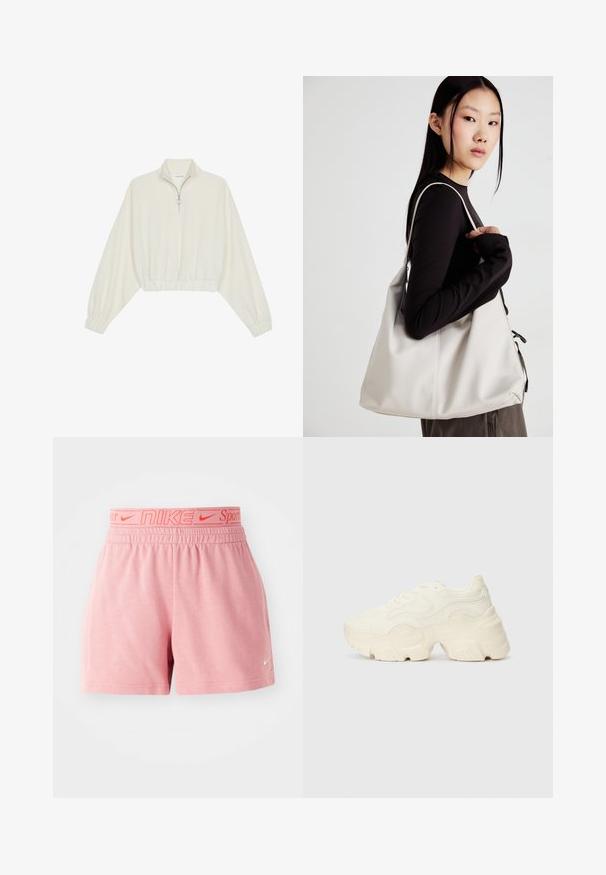 Pullover curto em tecido creme, apresentando um colarinho alto, fecho de meio zíper, bainha e punhos elásticos, com uma textura suave e design minimalista.; Calções atléticos de algodão cor-de-rosa com uma cintura elástica, apresentando um logótipo vermelho da Nike. Design simples com uma textura suave e corte reto.; Sapatilhas brancas chunky feitas de malha texturizada e materiais sintéticos, apresentando uma sola espessa e detalhes de padrão intrincados ao longo dos lados.; Uma bolsa bege feita de material macio, com um design descontraído, detalhes de costura e duas alças para o ombro. Adequada para uso diário.