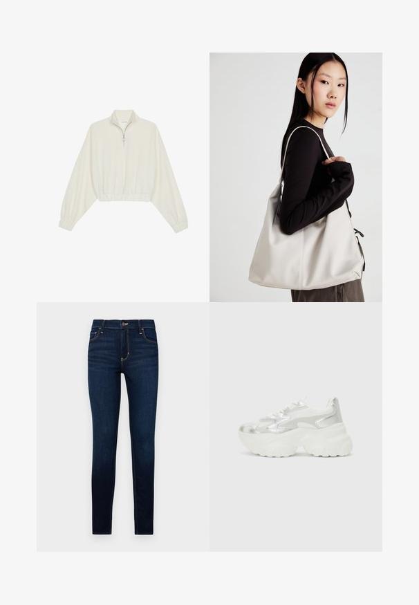 Kreminės spalvos trumpas megztinis, turintis aukštą apykaklę, pusiau užtrauktuką, elastinį apačią irRankovių kraštus, su lygiu paviršiumi ir minimalizuotu dizainu.; Lieknos tamsiai mėlynos džinsinės kelnės su užtrauktuku, mygtuko užsegimu ir priekinėmis kišenėmis su kontrastingais geltonais siūlais. Lygi tekstūra visame paviršiuje.; Sidabriniai sportbačiai su tekstūriniu tinkliniu viršumi ir iššokančiomis akcentais, turintys masyvų baltą pado ir raištelių užsegimą.; Bežinė rankinė, pagaminta iš minkštos medžiagos, turinti laisvą dizainą, siuvinėtas detalės ir dvi petnešos. Tinkama kasdieniam naudojimui.