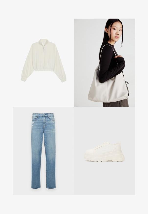 Κομμένο pullover από κρέμα ύφασμα, με ψηλό γιακά, μισό φερμουάρ, ελαστική μέση και μανίκια, με λεία υφή και μινιμαλιστικό σχέδιο.; Ανοιχτό μπλε τζιν παντελόνι με χαλαρή εφαρμογή, που διαθέτει ελαφρώς φθαρμένο σχέδιο και παραδοσιακή διάταξη πέντε τσεπών.; Λευκό καμβαδωτό παπούτσι με χοντρή σόλα, στρογγυλή μύτη και πέντε θηλιές για κορδόνια. Πίσω λωρίδα για εύκολη εφαρμογή. Λείο υφή, μινιμαλιστικός σχεδιασμός.; Μπεζ τσάντα χειρός από μαλακό υλικό, με χαλαρή σχεδίαση, ραφές και δύο λουράκια ώμου. Κατάλληλη για καθημερινή χρήση.