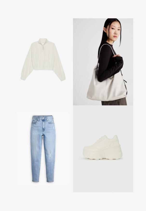 Kort genser i kremfarget stoff, med høy krage, halv glidelås, elastisk nederste kant og mansjetter, med en glatt tekstur og minimalistisk design.; Lyseblå høyt livjeans laget av denim, med rette ben, subtil fading og et lite slitt område på høyre lår.; Hvite plattformsnickers med en glatt læraktig overdel, avrundet form, polstret krage og teksturert gummisåle med tydelige dekk.; Beige håndveske laget av mykt materiale, med en slapp design, sydd detaljer og to skulderstropper. Passer for daglig bruk.