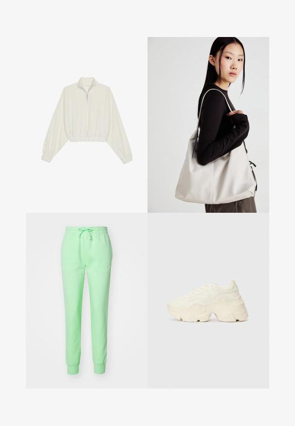 Kreptais pusītes džemperis krēmkrāsā, ar augstu apkakli, puszipa aizdari, elastīgu apakšmalu un aprocēm, ar gludu tekstūru un minimālistisku dizainu.; Gaiši zaļi Nike sporta bikses ar elastīgu jostu, regulējamu sašaurinājumu un purna piedurknēm. Gluda auduma tekstūra ar mazu logo.; Masīvi balti sportisti, kas izgatavoti no strukturēta sieta un sintētiskajiem materiāliem, ar biezu zoli un sarežģītām rakstu detaļām gar sāniem.; Bežs rokassoma, izgatavota no mīksta materiāla, ar brīvu dizainu, izšūtu apdari un divām plecu siksnām. Piemērota ikdienas lietošanai.
