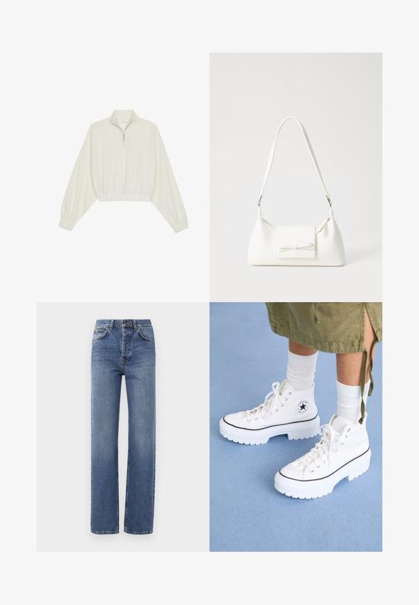 Kratka pulover v kremnem blagu, z visokim ovratnikom, pol-zadrgo, elastičnim robom in manšetami, z gladko teksturo in minimalističnim oblikovanjem.; Svijetloplave traperice s visokim strukom, ravnim krojem i suptilnim izblijedjenjem. Imaju klasični stil s pet džepova i zatvarač na rajsferšlus.; Bela visoka športna obutev z zunanjostjo iz teksturiranega platna, gumijastim zaščitnikom za prste in debelim belim podplatom. Ima črne detajle in luknje za vezalke.; Bela sintetična torbica v obliki trikotnika, z ravnim sprednjim poklopcem in detajlom mašne, nastavljivim trakom, gladko teksturo in minimalističnim dizajnom.