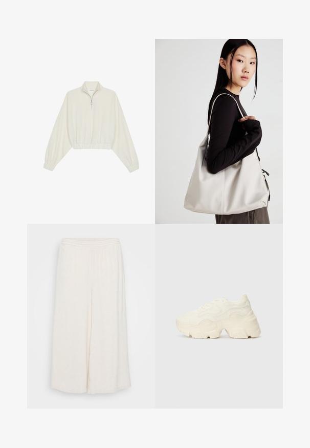 Cropped pullover in cream fabric, featuring a high collar, half-zip closure, elasticated hem and cuffs, with a smooth texture and minimal design.; White linen culottes with an elastic waist, wide legs, and a textured surface. The garment has a loose, relaxed fit for comfort.; Chunky white sneakers made of textured mesh and synthetic materials, featuring a thick sole and intricate pattern details along the sides.; Beige handbag made of soft material, featuring a slouchy design, stitched detailing, and two shoulder straps. Suitable for everyday use.