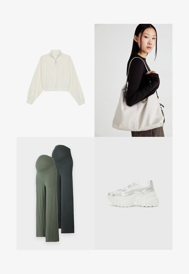 Zkrácený svetr z krémové látky, který má vysoký límec, poloviční zip, elastický spodní lem a manžety, hladkou texturu a minimalistický design.; Těhotenské kalhoty v tmavě zelené a tmavě šedé barvě, s volným střihem, širokými nohavicemi a měkkou, elastickou tkaninou pro pohodlí.; Stříbrné tenisky s texturovaným síťovým svrškem a iridescentními akcenty, s robustní bílou podrážkou a šněrováním.; Beige kabelka vyrobená z měkkého materiálu, s volným designem, prošívanými detaily a dvěma ramenními popruhy. Vhodná pro každodenní použití.