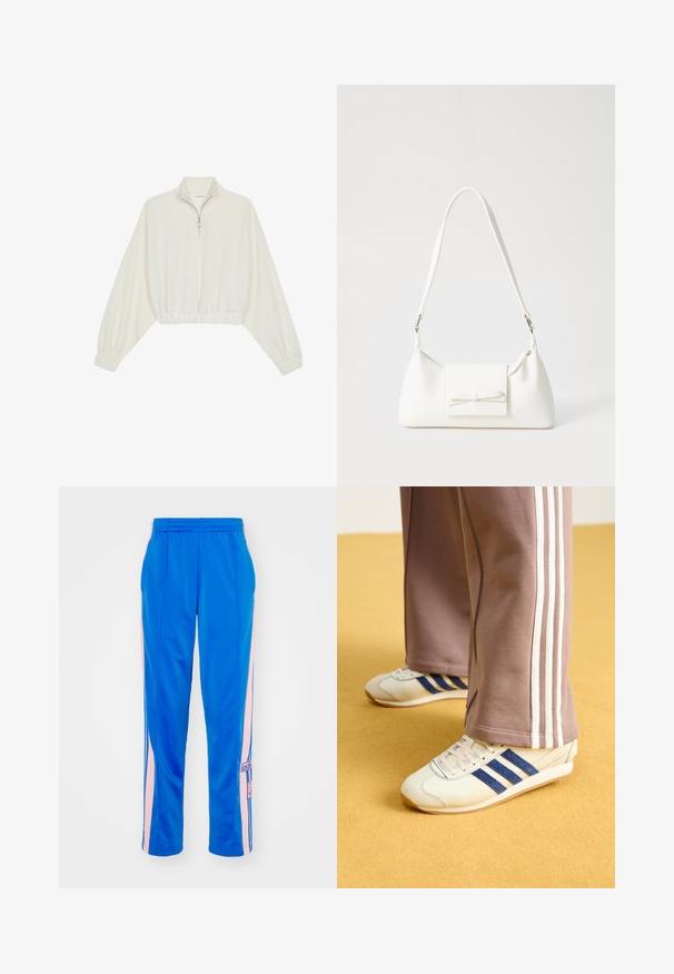 Kort genser i kremfarget stoff, med høy krage, halv glidelås, elastisk nederste kant og mansjetter, med en glatt tekstur og minimalistisk design.; Blå treningsbukser med rosa sidestreker. Elastisk midje og logo-patch på venstre ben. Glatt, lett stoff med en avslappet passform.; Kremfargede sneakers med blå semsket skinnstriper, hvite snørebånd og gummisåle. Kombinert med grå joggebukser med hvite sidestriper.; Hvit syntetisk håndveske med trekantet form, flat klaff foran og sløyfe detaljer, justerbar stropp, glatt tekstur og minimalistisk design.