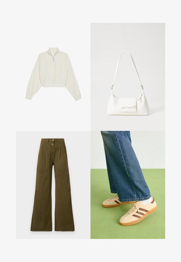 Krém színű, rövidített pulóver, magas gallérral, félig cipzáros záródással, elasztikus derék- és ujjakrésszel, sima textúrával és minimalista dizájnnal.; Bő szárú, olívazöld pamut nadrág. Magas derekú, négy nagy zsebbel és öt gombos elülső záródással rendelkezik, látható varrással.; Beige sportcipők textúrált krém színű panelek és barna csíkok részletezésével, kék farmernadrággal párosítva. A farmer széles szárú és rojtos szegéllyel rendelkezik.; Fehér szintetikus kézitáska, háromszög alakú, lapos előlap, masni részlettel, állítható pánttal, sima textúrával és minimalista dizájnnal.
