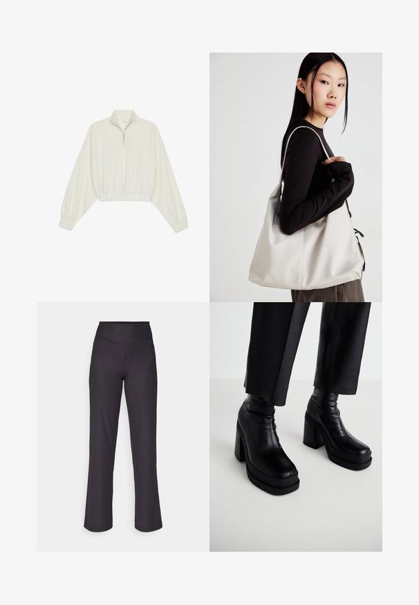 Zkrátený pulover z krémového materiálu, s vysokým golierom, polovičným zipsom, elastickým lemom a manžetami, s hladkou textúrou a minimalistickým dizajnom.; Čierne rebrované nohavice s širokými nohavicami a vysokým elastickým pásom, s hladkým povrchom a čistými švami pre priliehavý vzhľad.; Čierne kožené platformové členkové topánky s vysokým blokovým podpätkom a hladkou textúrou. Obsahujú švy a priliehavý strih.; Béžová kabelka vyrobená z mäkkého materiálu, s uvoľneným dizajnom, prišitými detailmi a dvoma popruhmi na nosenie na pleciach. Vhodná na každodenné nosenie.