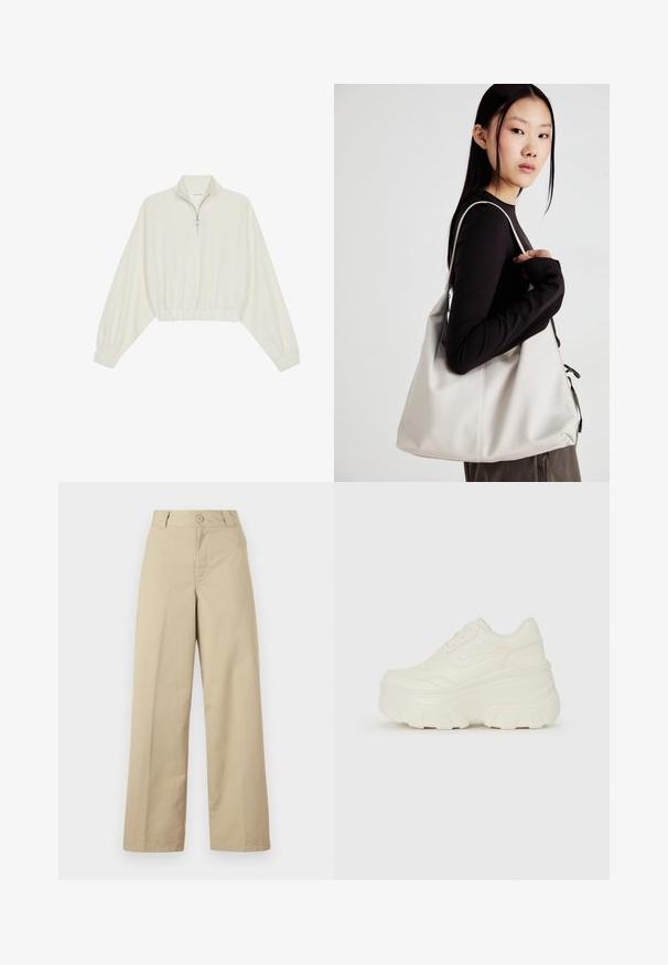 Cropped pullover in cream fabric, featuring a high collar, half-zip closure, elasticated hem and cuffs, with a smooth texture and minimal design.; Beige wide-leg trousers made of cotton, featuring a button closure, belt loops, and a flat front with minimal detailing.; White platform sneakers featuring a smooth leather-like upper, rounded shape, padded collar, and textured rubber sole with defined treads.; Beige handbag made of soft material, featuring a slouchy design, stitched detailing, and two shoulder straps. Suitable for everyday use.