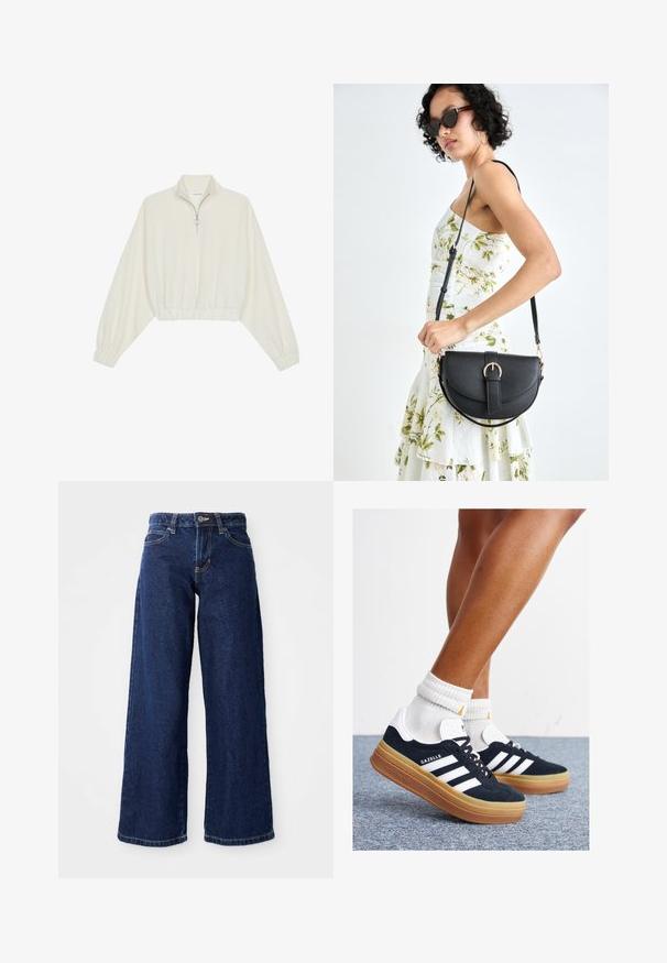 Sudadera cropped en tejido crema, con cuello alto, cierre de media cremallera, dobladillo y puños elásticos, con una textura suave y un diseño minimalista.; Jeans de pierna ancha azul oscuro, confeccionados en denim, con cierre de botón y cremallera, trabillas para cinturón y diseño clásico de cinco bolsillos.; Zapatillas deportivas de gamuza negra con rayas y detalles blancos, puntera redondeada, suela de goma color caramelo, combinadas con calcetines blancos acanalados a la altura del tobillo.; Bolso de piel negra con forma curva, correa desmontable y herrajes dorados. El bolso cuenta con una solapa con un detalle de hebilla.