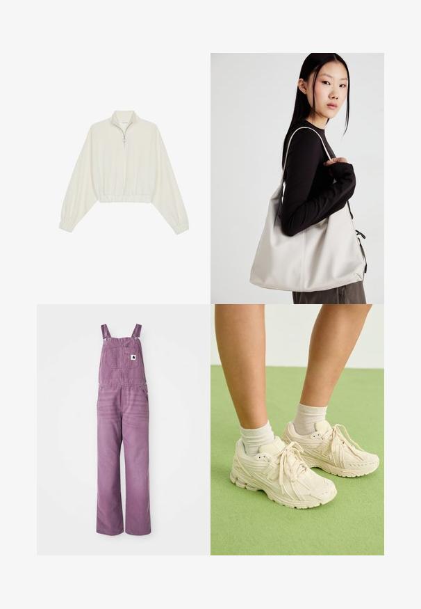 Skraćeni pulover od kremastog materijala, s visokim ovratnikom, zatvaranjem na polovicu munje, elastičnim rubom i manžetama, s glatkom teksturom i minimalnim dizajnom.; Ljubičaste traper kombinezonske hlače s podesivim trakama, prednjim džepom i širokim nogavicama. Materijal ima blagu teksturu; oprema uključuje srebrne metalne kopče.; Svijetlosmeđi tenisice imaju teksturiranu tkaninu, zaobljeni vrh i obloženi potplat. Nositane su s bež čarapama do gležnja na zelenoj površini.; Bežna torba od mekog materijala s opuštenim dizajnom, šivanim detaljima i dva remena za rame. Pogodna za svakodnevnu upotrebu.