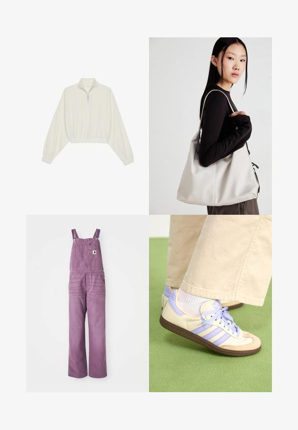 Skraćeni pulover od kremastog materijala, s visokim ovratnikom, zatvaranjem na polovicu munje, elastičnim rubom i manžetama, s glatkom teksturom i minimalnim dizajnom.; Ljubičaste traper kombinezonske hlače s podesivim trakama, prednjim džepom i širokim nogavicama. Materijal ima blagu teksturu; oprema uključuje srebrne metalne kopče.; Kremasto-ljubičaste tenisice s tri pruge i strukturiranim smeškim potplatom, s vezicama i podstavljenim petom. Mekana gornja tkanina.; Bežna torba od mekog materijala s opuštenim dizajnom, šivanim detaljima i dva remena za rame. Pogodna za svakodnevnu upotrebu.