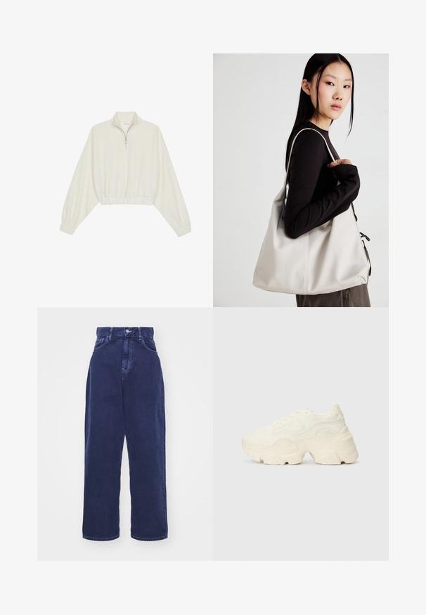 Skraćeni pulover od kremastog materijala, s visokim ovratnikom, zatvaranjem na polovicu munje, elastičnim rubom i manžetama, s glatkom teksturom i minimalnim dizajnom.; Carhartt WIP BRANDON PANT - Traperice opuštenog kroja - air force blue; Masivne bijele tenisice od teksturirane mreže i sintetičkih materijala, sa debelim potplatom i složenim uzorcima duž strana.; Bežna torba od mekog materijala s opuštenim dizajnom, šivanim detaljima i dva remena za rame. Pogodna za svakodnevnu upotrebu.