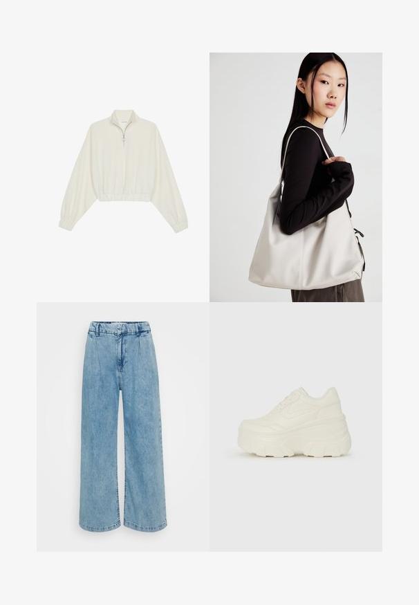 Cropped pullover in cream fabric, featuring a high collar, half-zip closure, elasticated hem and cuffs, with a smooth texture and minimal design.; Light blue denim wide-leg trousers with a high waistband, featuring pleats, a smooth texture, and finished hems.; White platform sneakers featuring a smooth leather-like upper, rounded shape, padded collar, and textured rubber sole with defined treads.; Beige handbag made of soft material, featuring a slouchy design, stitched detailing, and two shoulder straps. Suitable for everyday use.