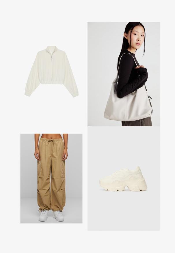 Kratka pulover v kremnem blagu, z visokim ovratnikom, pol-zadrgo, elastičnim robom in manšetami, z gladko teksturo in minimalističnim oblikovanjem.; Bež hlače s cargo krojem, z elastičnim pasom, vrvico in stranskimi žepi. Imajo zbrane manšete in lahkotno, gladko tkanino.; Debele bele športne copate, izdelane iz teksturirane mrežaste in sintetične materialov, z debelim podplatom in zapletenimi vzorčičnimi detajli ob straneh.; Bežna torbica iz mehkega materiala, z ohlapno zasnovo, šivi in dvema naramnicama. Primerna za vsakodnevno uporabo.