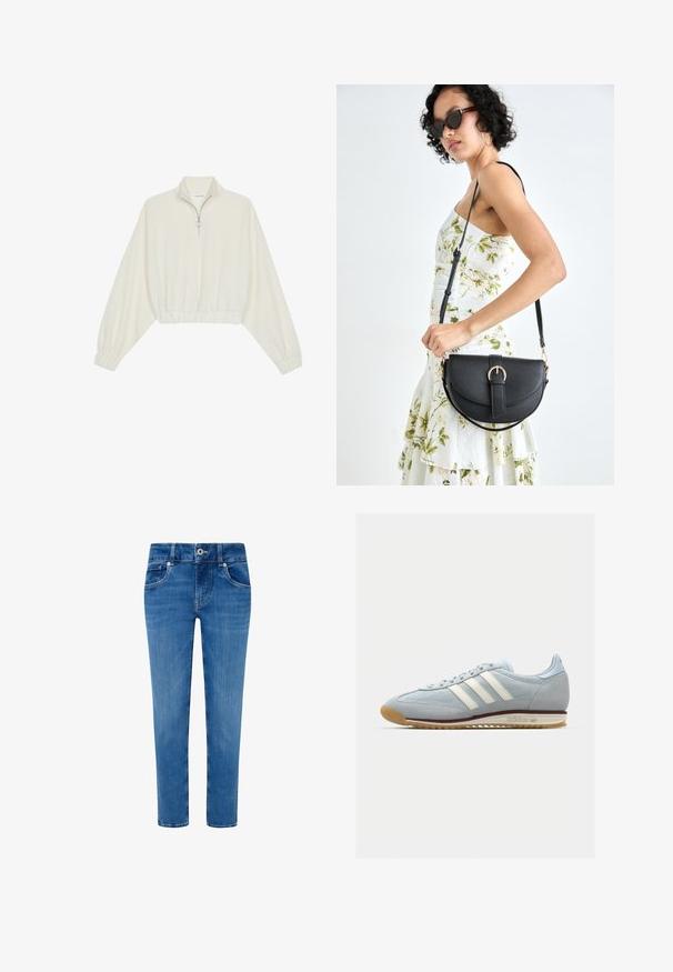 Skraćeni pulover od kremastog materijala, s visokim ovratnikom, zatvaranjem na polovicu munje, elastičnim rubom i manžetama, s glatkom teksturom i minimalnim dizajnom.; Plave traperice s uskim krojem, pet džepova i ravnim rezom. Imaju kopčanje na gumbe i patentni zatvarač u struku.; Svijetloplave suède tenisice s bijelim tri pruge, gumeni potplat i teksturirana mrežica. Imaju glatki vrh cipele i brendiranje na peti.; Crna kožna torba s lukovitim oblikom, odvojivim remenom i zlatnim detaljima. Torba ima preklop s kopčom.