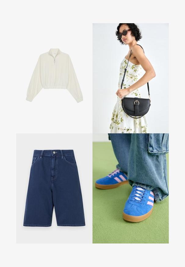 Kort genser i kremfarget stoff, med høy krage, halv glidelås, elastisk nederste kant og mansjetter, med en glatt tekstur og minimalistisk design.; Marineblå denimshorts med et tradisjonelt fem-lommers design, beltehemper og lukking med frontknapp. Glatt tekstur med synlige sømmer.; Blå skinnsko med rosa striper og hvite lisser, med såle av gummigummi, kombinert med løse denimbukser på et grønt underlag.; Svart lærveske med en buet form, avtagbar stropp og gullbeslag. Vesken har et klaff med spenne-detall.