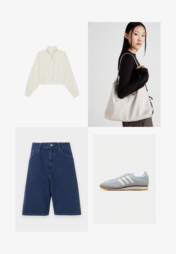 Kort genser i kremfarget stoff, med høy krage, halv glidelås, elastisk nederste kant og mansjetter, med en glatt tekstur og minimalistisk design.; Marineblå denimshorts med et tradisjonelt fem-lommers design, beltehemper og lukking med frontknapp. Glatt tekstur med synlige sømmer.; Lys blå semsket sneakers med hvite tre striper, gummisåle og teksturert mesh. Har en jevn tåhette og merkevare på hælen.; Beige håndveske laget av mykt materiale, med en slapp design, sydd detaljer og to skulderstropper. Passer for daglig bruk.