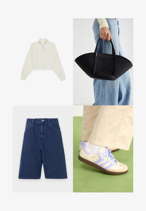 Cropped pullover in cream fabric, featuring a high collar, half-zip closure, elasticated hem and cuffs, with a smooth texture and minimal design.; Navy blue denim shorts with a traditional five-pocket design, belt loops, and a front button closure. Smooth texture with visible stitching.; Cream and lavender sneakers with three stripes and a textured brown sole, featuring laces and a padded heel. Soft fabric upper.; Black leather handbag with a unique fan shape, featuring flat handles. The surface has a pebbled texture and a minimalistic design.