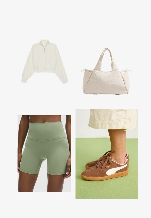 Skraćeni pulover od kremastog materijala, s visokim ovratnikom, zatvaranjem na polovicu munje, elastičnim rubom i manžetama, s glatkom teksturom i minimalnim dizajnom.; Visoke, maslinaste kratke hlače od glatkog, rastezljivog materijala. Imaju ravne šavove i prilagodljiv dizajn za udobnost i fleksibilnost.; Smeđi nubuk tenesici s bijelim akcentom, gumeni potplat i ružičasti petni dio. Strogi vezovi i detalji oznake vidljivi. Tetovaža na gležnju djelomično vidljiva.; Bež torba s ušicom od tkanine sa prošivanjem, zaobljenog oblika, s teksturiranom tkaninom i bočnom džepom na vezicu. Glatka završna obrada, minimalistički dizajn.