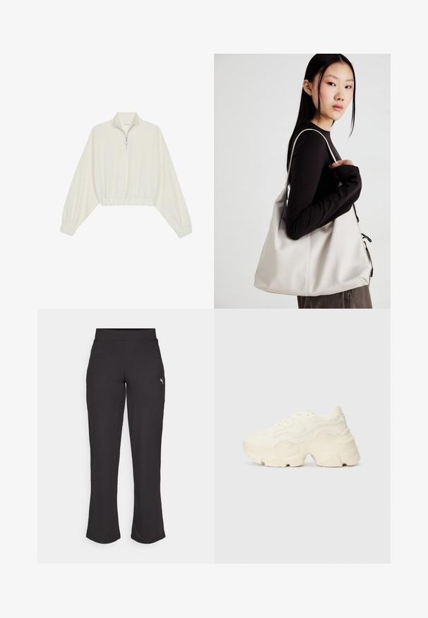 Cropped pullover in cream fabric, featuring a high collar, half-zip closure, elasticated hem and cuffs, with a smooth texture and minimal design.; Black ribbed pants with a flared leg design, elastic waistband, and a small white logo on the left side. Soft, textured fabric.; Chunky white sneakers made of textured mesh and synthetic materials, featuring a thick sole and intricate pattern details along the sides.; Beige handbag made of soft material, featuring a slouchy design, stitched detailing, and two shoulder straps. Suitable for everyday use.