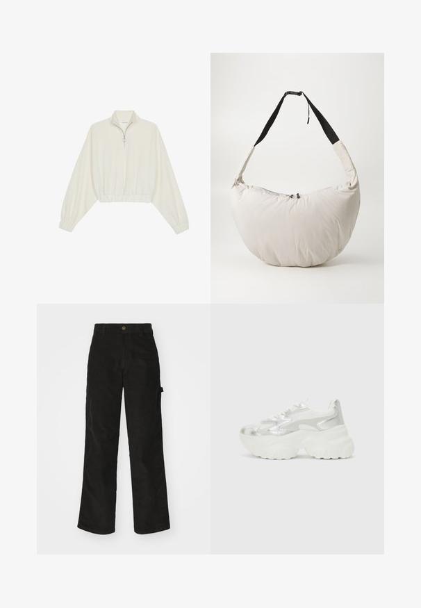 Pullover curto em tecido creme, apresentando um colarinho alto, fecho de meio zíper, bainha e punhos elásticos, com uma textura suave e design minimalista.; Calças de veludo cotelê pretas com um design de perna reta, apresentando um fecho de botão e bolso lateral. Textura suave com finas riscas verticais.; Sapatilha prateada com um cabedal em malha texturizada e detalhes iridescentes, apresentando uma sola branca robusta e fecho de atacador.; Bolsa de ombro almofadada em tom bege claro com forma curva em meia-lua. Alça preta, fecho com zíper e logótipo discreto na frente. Textura suave.
