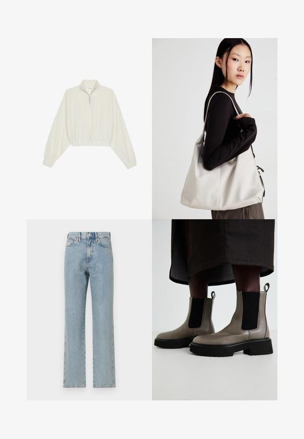 Kreptais pusītes džemperis krēmkrāsā, ar augstu apkakli, puszipa aizdari, elastīgu apakšmalu un aprocēm, ar gludu tekstūru un minimālistisku dizainu.; Gai zili džinsi ar taisno kāju dizainu, piecām kabatām, pogu aizdari un smalku tekstūru. Nav redzamu bojājumu vai rakstu.; Pelēki potītes zābaki, kas izgatavoti no teksturētas ādas, ar elastīgām sānu paneļām un masīvu melnu zoli. Ar vilkšanas cilpām vieglai uzvilkšanai.; Bežs rokassoma, izgatavota no mīksta materiāla, ar brīvu dizainu, izšūtu apdari un divām plecu siksnām. Piemērota ikdienas lietošanai.