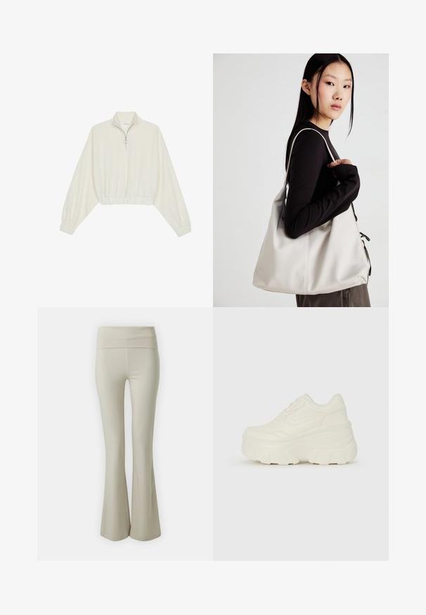 Krém színű, rövidített pulóver, magas gallérral, félig cipzáros záródással, elasztikus derék- és ujjakrésszel, sima textúrával és minimalista dizájnnal.; Puhaszövetből készült bézs bő szárú nadrág, széles, elasztikus derékpánttal, sima textúrával, az alján pedig bővülő szegéllyel.; Fehér platform sportcipők, sima bőrszerű felsőrésszel, kerek formával, párnázott bokával és texturált gumitalppal, jól definiált mintázattal.; Puha anyagból készült bézs kézitáska, laza dizájnnal, varrott részletekkel és két vállpánttal. Mindennapi használatra alkalmas.