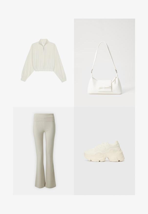 Pulover scurt din stofă crem, cu guler înalt, închidere cu fermoar pe jumătate, elastic la margini și la manșete, cu o textură netedă și un design minimalist.; Pantaloni bej evazați dintr-un material moale, având o talie largă, elastică și o textură netedă, care se lărgesc spre tivul de jos.; Tenisi albi voluminoși, fabricați din plasă texturată și materiale sintetice, cu o talpă groasă și detalii de model intricate pe laturi.; Geantă sintetică albă, cu formă triangulară, capac frontal plat și detaliu cu fundă, curea ajustabilă, textură netedă și design minimalist.