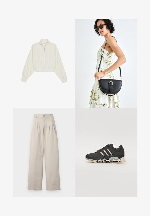Geknipt pullover in crèmekleurige stof, met een hoge kraag, halve rits, elastische zoom en manchetten, met een soepele textuur en minimalistisch ontwerp.; Beige wijde broek van katoen met voorplooien, een knoopsluiting, riemlussen en een gladde textuur.; Zwarte sportschoen met een gestructureerde bovenkant, drie zilveren strepen en een kenmerkende dempingszool met meerdere geïntegreerde secties.; Zwarte leren handtas met een gebogen vorm, afneembare schouderband en gouden hardware. De tas heeft een klep met een gespsluiting.