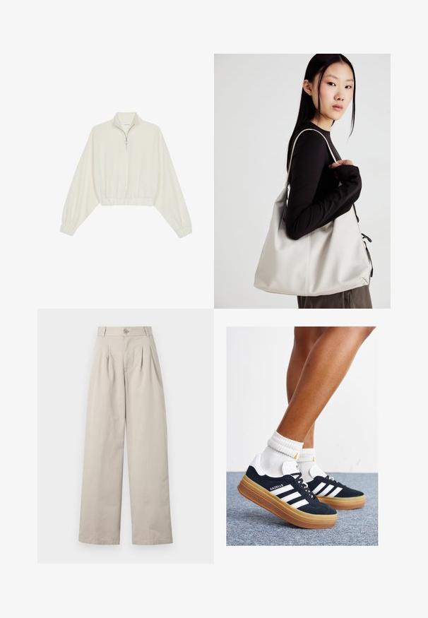 Krém színű, rövidített pulóver, magas gallérral, félig cipzáros záródással, elasztikus derék- és ujjakrésszel, sima textúrával és minimalista dizájnnal.; Beige, bő szabású pamutnadrág elülső plisszékkel, gombos záródással, övhurkokkal és sima textúrával.; Fekete velúr sportcipő fehér csíkokkal és díszítésekkel, lekerekített orral, gumitalpú külső résszel, fehér bordázott bokazoknival párosítva.; Puha anyagból készült bézs kézitáska, laza dizájnnal, varrott részletekkel és két vállpánttal. Mindennapi használatra alkalmas.