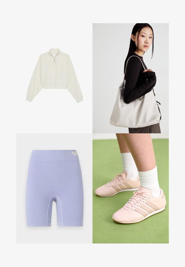 Sudadera cropped en tejido crema, con cuello alto, cierre de media cremallera, dobladillo y puños elásticos, con una textura suave y un diseño minimalista.; Pantalones cortos de biker de lavanda con textura ribeteada y una cintura alta. Presenta un pequeño logotipo en la parte superior izquierda. Diseño simple y ajustado.; Zapatillas deportivas rosa claro con costuras diagonales, suelas blancas y tres rayas laterales. Llevadas con calcetines blancos con canalé sobre una superficie verde.; Bolso de mano beige hecho de material suave, con un diseño holgado, detalles cosidos y dos asas. Adecuado para uso diario.