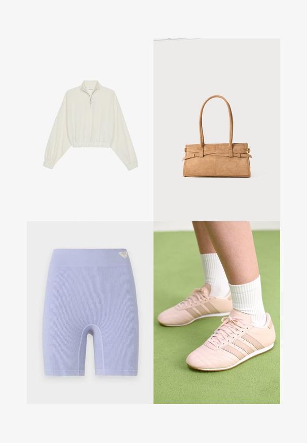 Skraćeni pulover od kremastog materijala, s visokim ovratnikom, zatvaranjem na polovicu munje, elastičnim rubom i manžetama, s glatkom teksturom i minimalnim dizajnom.; Ribane ljubičaste biciklističke kratke hlače s visokim strukom. Imaju mali logo naglasak na gornjoj lijevoj strani. Jednostavan, uski kroj.; Svijetloružičaste atletske tenisice s dijagonalnim šavovima, bijelim potplatima i tri bočne pruge. Nanosene s rebrastim bijelim čarapama na zelenoj površini.; Torbica od tan zamsha s dva dugačka ručka, pravokutnog oblika i dekorativnim šavovima. Ima bočni pojas i diskretne zlatne metalne akcenti.