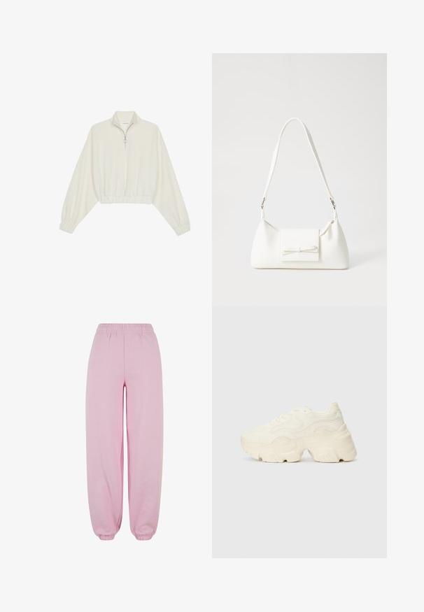 Geknipt pullover in crèmekleurige stof, met een hoge kraag, halve rits, elastische zoom en manchetten, met een soepele textuur en minimalistisch ontwerp.; Urban Classics FLUFFY - Trainingsbroek - softpink; Chunky witte sneakers gemaakt van geperforeerd mesh en synthetische materialen, met een dikke zool en ingewikkelde patroon details aan de zijkanten.; Witte synthetische handtas met een driehoekige vorm, platte voorklep en strikdetail, verstelbare schouderriem, gladde textuur en minimalistisch ontwerp.