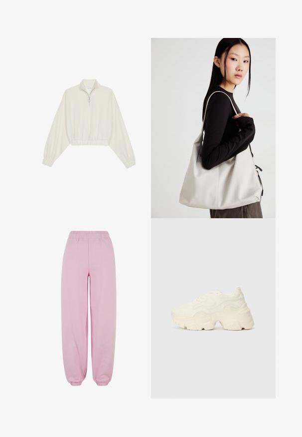 Cropped pullover in cream fabric, featuring a high collar, half-zip closure, elasticated hem and cuffs, with a smooth texture and minimal design.; Urban Classics FLUFFY - Tracksuit bottoms - softpink; Chunky white sneakers made of textured mesh and synthetic materials, featuring a thick sole and intricate pattern details along the sides.; Beige handbag made of soft material, featuring a slouchy design, stitched detailing, and two shoulder straps. Suitable for everyday use.