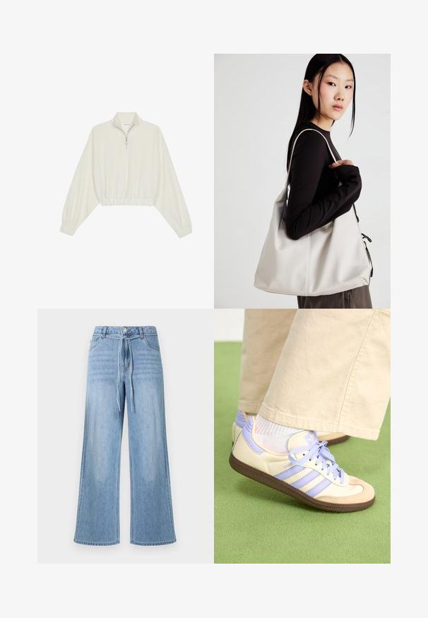 Sudadera cropped en tejido crema, con cuello alto, cierre de media cremallera, dobladillo y puños elásticos, con una textura suave y un diseño minimalista.; Jeans de mezclilla azul claro de pierna ancha con cintura anudada, bolsillos delanteros y un diseño clásico de cinco bolsillos con un sutil efecto desteñido.; Zapatillas de crema y lavanda con tres rayas y una suela marrón texturizada, que cuentan con cordones y un talón acolchado. Parte superior de tela suave.; Bolso de mano beige hecho de material suave, con un diseño holgado, detalles cosidos y dos asas. Adecuado para uso diario.