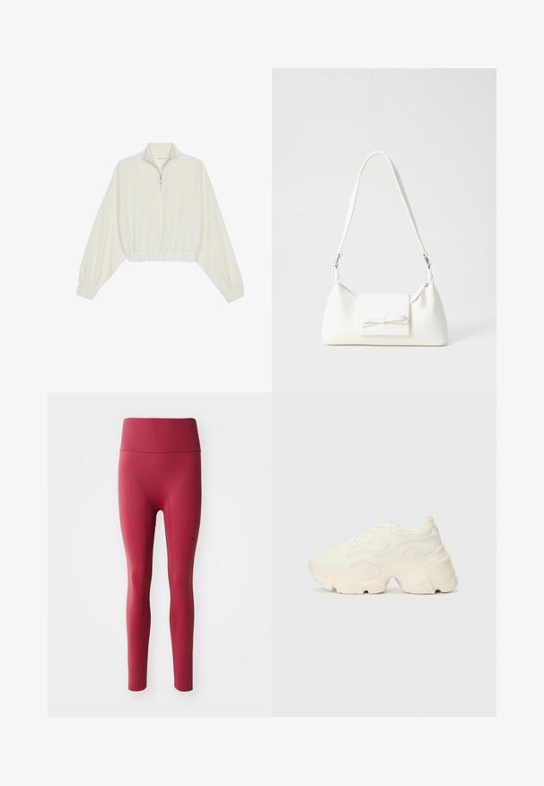 Zkrátený pulover z krémového materiálu, s vysokým golierom, polovičným zipsom, elastickým lemom a manžetami, s hladkou textúrou a minimalistickým dizajnom.; Červené športové legíny s vysokým, textúrovaným pásom; majú hladký povrch, priliehavý strih a nenápadný detail loga na boku.; Masívne biele tenisky vyrobené z texturovanej sieťoviny a syntetických materiálov, s hrubou podošvou a zložitými vzorovými detailmi na bokoch.; Biela syntetická kabelka s trojuholníkovým tvarom, plochým predným klapkou a detailom mašle, nastaviteľným popruhom, hladkou textúrou a minimalistickým dizajnom.