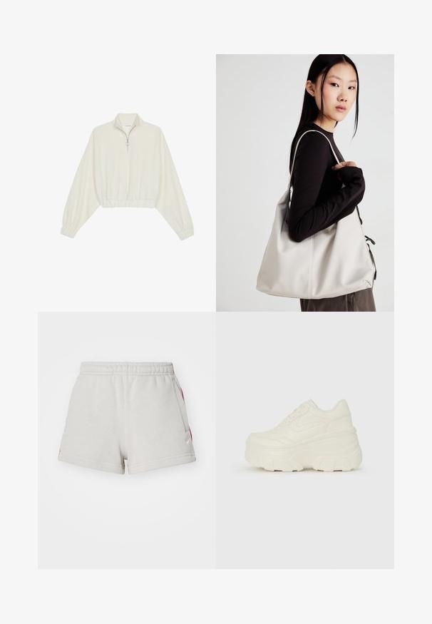 Kreminės spalvos trumpas megztinis, turintis aukštą apykaklę, pusiau užtrauktuką, elastinį apačią irRankovių kraštus, su lygiu paviršiumi ir minimalizuotu dizainu.; Pilki medvilniniai šortai su raišteliu juose, šoninėmis kišenėmis ir raudonomis akcentų juostelėmis. Yra nedidelis baltas logotipas apatinėje kairėje pusėje.; Baltos platformos sportbačiai su lygiu odos primenančiu paviršiumi, apvalia forma, paminkštintu apykakle ir tekstūruotu guminiu padu su ryškiais protektoriais.; Bežinė rankinė, pagaminta iš minkštos medžiagos, turinti laisvą dizainą, siuvinėtas detalės ir dvi petnešos. Tinkama kasdieniam naudojimui.