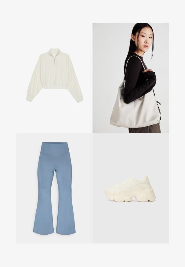 Kreptais pusītes džemperis krēmkrāsā, ar augstu apkakli, puszipa aizdari, elastīgu apakšmalu un aprocēm, ar gludu tekstūru un minimālistisku dizainu.; Izpletni jogas bikses gaišzilos toņos, izgatavotas no elastīga auduma. Augsts jostasviete un gluda tekstūra, kas sašaurinās pie potītēm.; Masīvi balti sportisti, kas izgatavoti no strukturēta sieta un sintētiskajiem materiāliem, ar biezu zoli un sarežģītām rakstu detaļām gar sāniem.; Bežs rokassoma, izgatavota no mīksta materiāla, ar brīvu dizainu, izšūtu apdari un divām plecu siksnām. Piemērota ikdienas lietošanai.