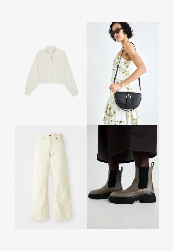 Kreminės spalvos trumpas megztinis, turintis aukštą apykaklę, pusiau užtrauktuką, elastinį apačią irRankovių kraštus, su lygiu paviršiumi ir minimalizuotu dizainu.; Šviesiai geltonos plačios kelnės, pagamintos iš medvilnės, su aukštu liemeniu, didelėmis priekiniomis kišenėmis ir lygia tekstūra su minimaliu siuvimo detalių skaičiumi.; Pilkas kulkšninis batus, pagamintus iš tekstūruotos odos, su elastingomis šoninėmis panelėmis ir masyviu juodu padu. Yra užtrauktukai, skirti lengvam vilkimo procesui.; Juodas odinis krepšys su išlenkta forma, nuimamu dirželiu ir auksiniais detalėmis. Krepšys turi kilpą su sagtimi.