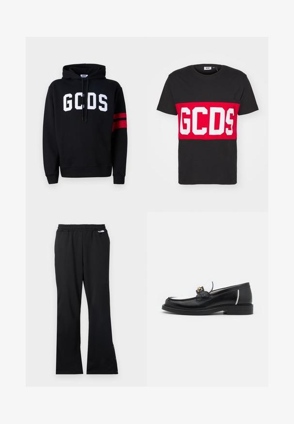 Black hoodie made of cotton featuring a white "GCDS" logo on the front and two red stripes on the left sleeve. Adjustable drawstring hood.; GCDS BAND LOGO REGULAR - Print T-shirt - black; Black athletic pants with a textured fabric, elastic waistband, and buttons at the ankle for adjustable fit. Flat front and straight legs.; Black leather loafer with a rounded toe, white accents, and gold hardware on the vamp. Features a textured patch and stacked heel.