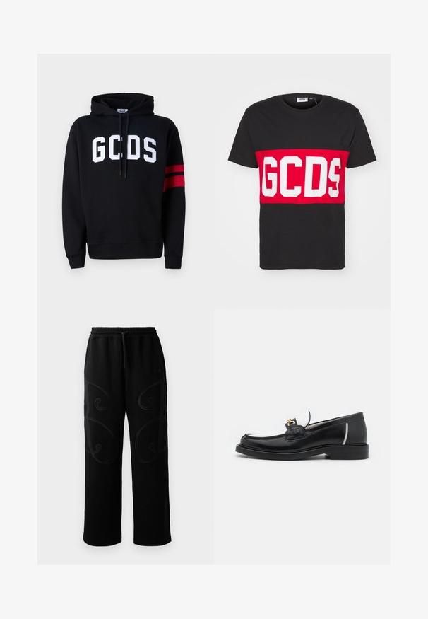Svart hettegenser laget av bomull med en hvit "GCDS" logo på forsiden og to røde striper på venstre erme. Justerbar snor i hetta.; GCDS BAND LOGO REGULAR - T-shirts med print - black; Svarte joggebukser med avslappet passform, som har intrikate, svingende broderimønstre langs sidene og elastisk midjebånd med snøring.; Sorte læder loafersko med rund tå, hvide accenter og guldfarvet hardware på vampen. Har en tekstureret lap og stablet hæl.