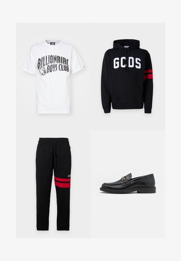 Hoodie preto feito de algodão, com um logótipo branco "GCDS" à frente e duas riscas vermelhas na manga esquerda. Capuz ajustável com cordão.; T-shirt de algodão branco com o texto "Billionaire Boys Club" em grande fonte preta, com um gráfico de astronauta à esquerda. Mangas curtas.; Calças de fato de treino pretas com riscas vermelhas em contraste e logótipo na lateral. Apresenta uma cinta elástica com cordão e punhos de tornozelo ajustados.; Mocassins de couro preto com bico arredondado, apresentando detalhes em metal dourado e costura, montados sobre uma sola de borracha texturizada e baixa.