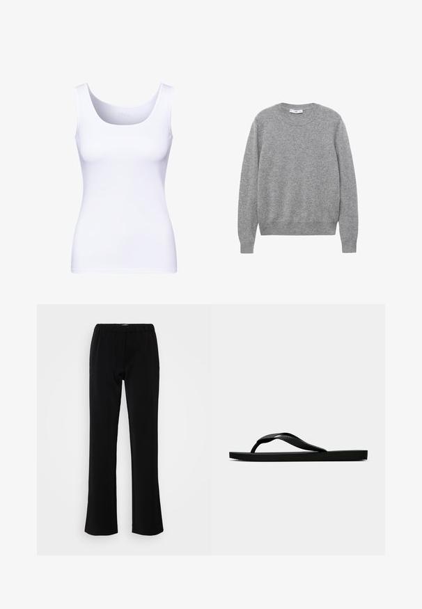 Grey wool sweater with a round neckline, long sleeves, and ribbed cuffs and hem. The texture appears soft and slightly textured.; White tank top with a rounded neckline and thick straps. Made from smooth, stretchable fabric, featuring a fitted silhouette.; Black pants with a flared design, made from a smooth fabric. Features an elastic waistband for comfort and a clean, simple silhouette.; Black rubber flip-flop sandal with a textured thong strap and simple flat sole, shown from side on a plain light background.