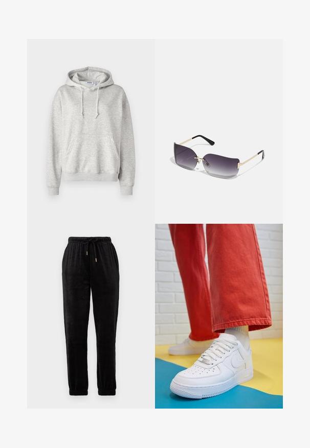 Light gray hooded sweatshirt made of soft cotton blend fabric. Features a front pocket, drawstring hood, and ribbed cuffs and hem.; Black jogger pants made of plush fabric; elastic waistband with adjustable drawstring, cuffed ankles, featuring gold-tone hardware accents.; White leather sneaker with perforated toe box, textured sole, and white laces, paired with wide red pants and a blue and yellow background.; Sunglasses with a gray gradient lens, gold metal frame, and black plastic accents. Unique butterfly-shaped lenses with thin arms.; Black hobo bag made of smooth leather-like material with a twisted handle, featuring a soft, rounded shape and a top zipper closure.; Gold hoop earrings with a smooth, shiny finish. Circular design featuring a small post and clear backing for secure wear.