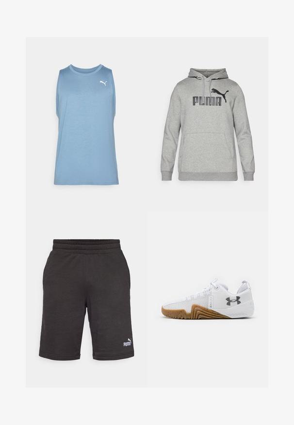 Szara bluza z kapturem wykonana z miękkiego materiału, z dużym logo "PUMA" oraz czarnym sylwetką pumy na klatce piersiowej, z kieszenią z przodu.; Jasnoniebieski bezrękawnik sportowy wykonany z miękkiego materiału, z okrągłym dekoltem i białym logo Pumy po lewej stronie klatki piersiowej.; Czarne spodenki sportowe z elastycznym pasem, charakteryzujące się miękką teksturą i małym białym logo Pumy na dolnej lewej nodze.; Białe buty sportowe z siateczkową cholewką, gumową podeszwą w kolorze gumy, teksturowanymi akcentami oraz czarnym logo z boku.