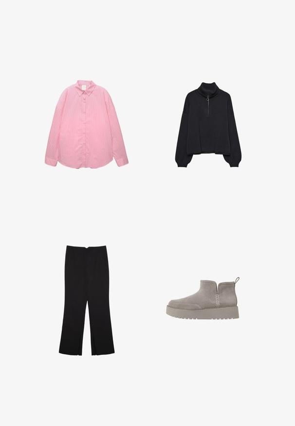 Musta poolkaulusneule, jossa on puoli-vetoketju edessä, ylikokoiset hihat ja pehmeä rakenne. Varustettu ribbauskauluksella ja helman ribbausreunalla. Minimalistinen muotoilu.; Vaaleanpunainen nappipaita, jossa on pystysuorat valkoiset raidat, terävä kaulus ja pitkät hihat, joissa on käännetyt hihansuut, valmistettu sileästä kankaasta.; Mustat housut suoralinjaisella leikkauksella, joissa on etutaskut ja sivurei'ät helman alla. Valmistettu pehmeästä ja sileästä kankaasta. Sopii eri tilaisuuksiin.; Harmaa mokkasiinibootsi matalalla profiililla, elastisilla sivupaneeleilla ja tekstuurilla varustetulla kumipohjalla. Varustettu vetonauhalla helppoa pukemista varten.